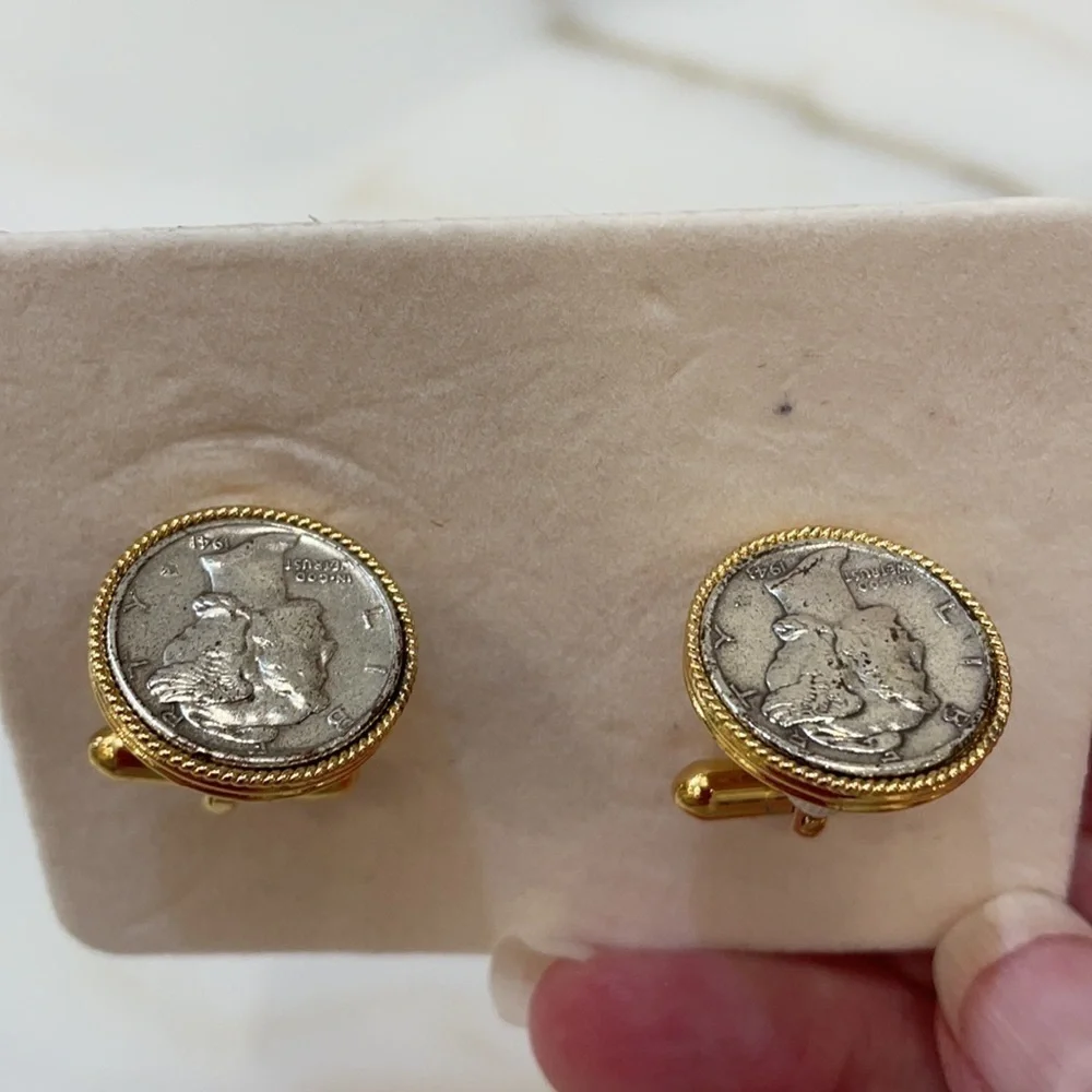 Gorgeous Silver Dime Cuff Links Gold Tone EUC!!